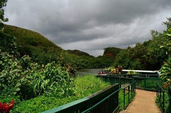 Our Smith's river boat docked at Fern Grotto with a long walking path to the grotto.