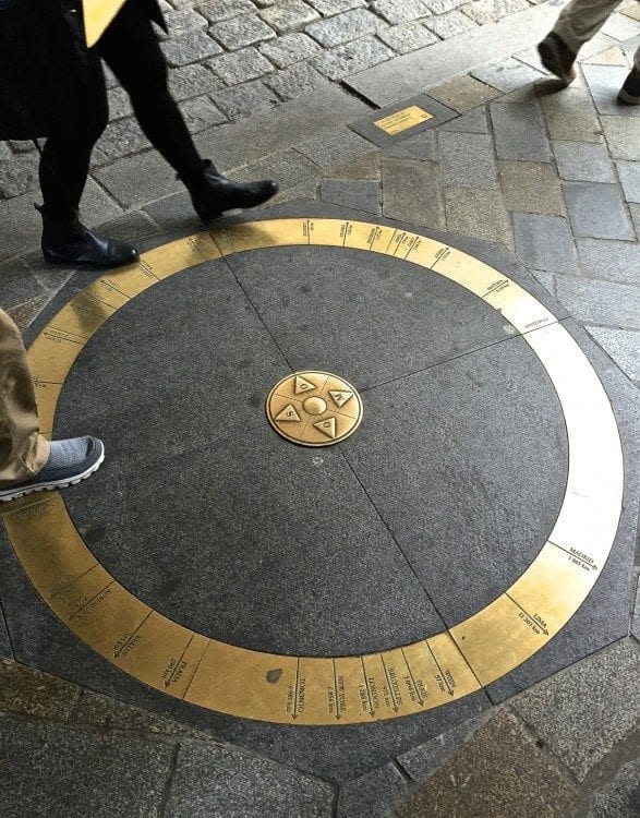 Bratislava Point Zero marker under St. Michael's Gate archway.