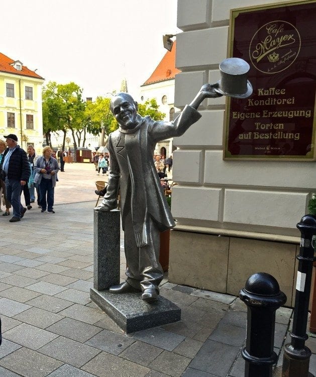 The Schรถner Naci brass statue of a man tipping his top hat, in Bratislava