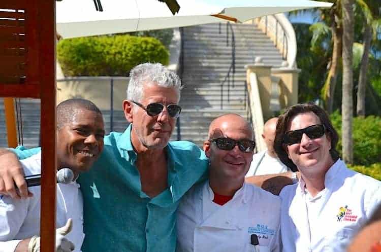 Photo of Anthony Bourdain with three other chefs at the Cayman Cookout.