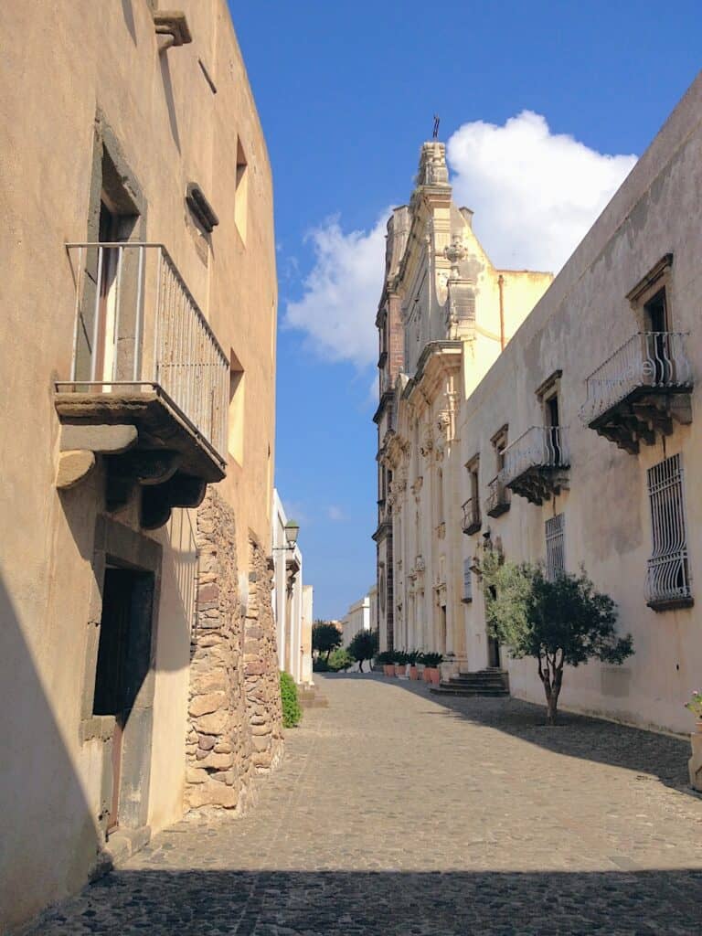 Empty cobblestone street in Lipari. 