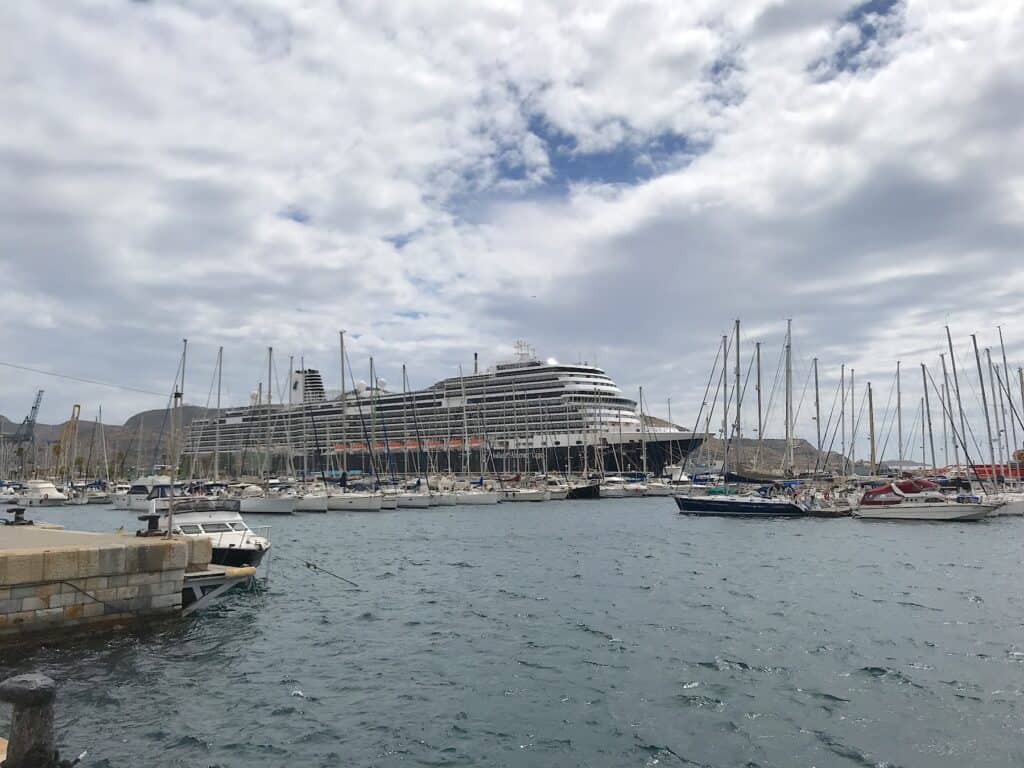 Harbor view with cruise ship in the distance at Cartagena, Spain