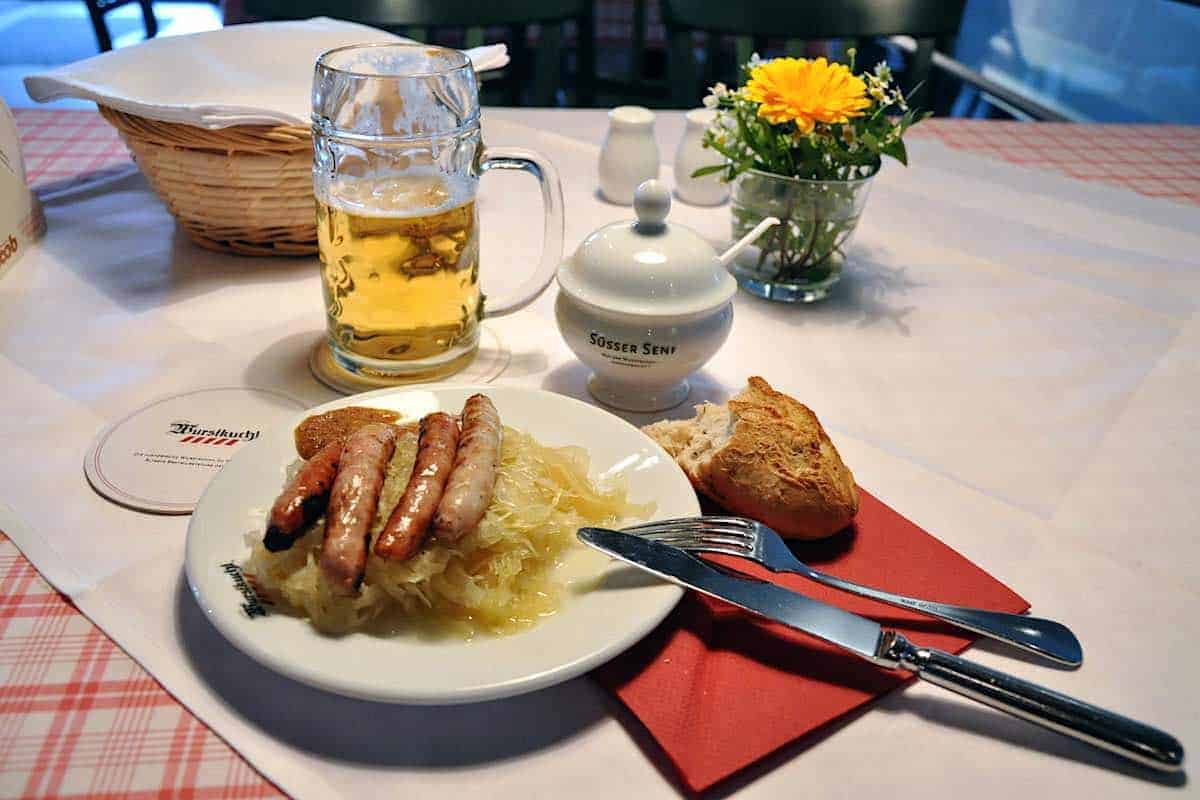 At the oldest sausage restaurant in Germany, Alte Wรผrstkรผche, in Regensburg.