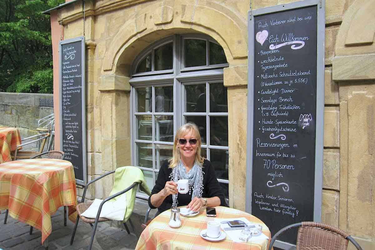 Me sitting at an outdoor cafe in Bamberg, Germany.