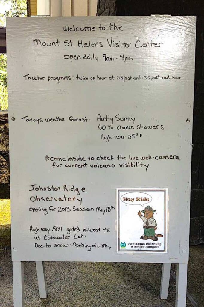 Mount St. Helens hand-written daily events poster.