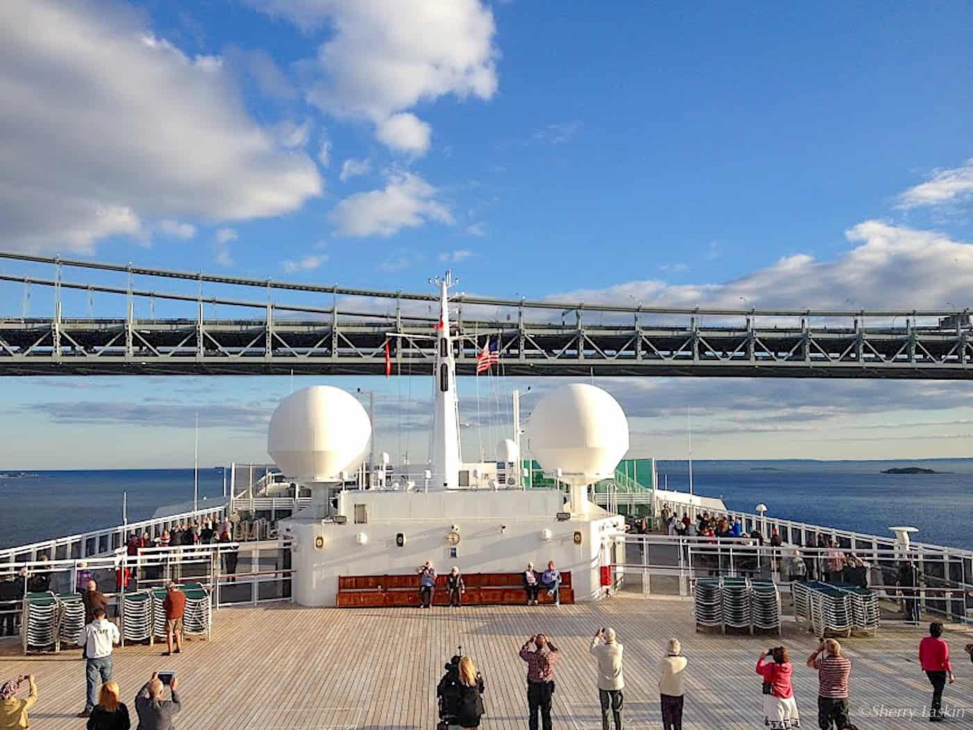 Standing on the top deck of Queen Mary 2 as ship approaches Verrazano Bridge in NYC.