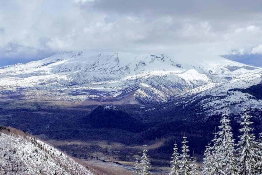View of Mount St. Helens with clouds.